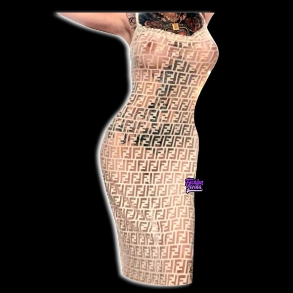 Fendi Vintage Zucca Monogram Logo Dress Sheer Nylon Lace Maxi Bodycon Dress - Picture 1 of 17